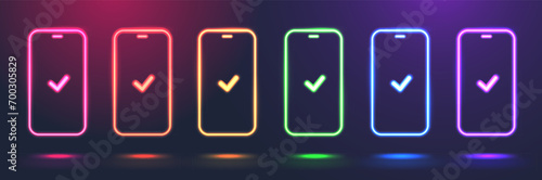 Set of bright neon smartphone icons of different colors. Glowing linear phone signs. Vector Illustration