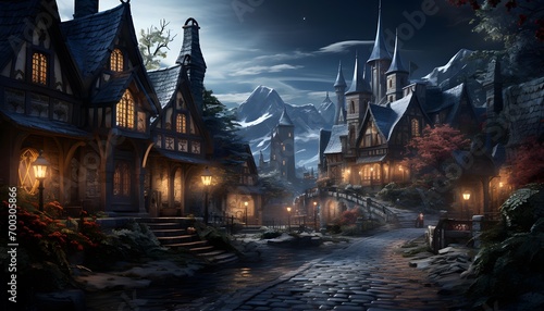 Fairytale village at night. Christmas and New Year background.