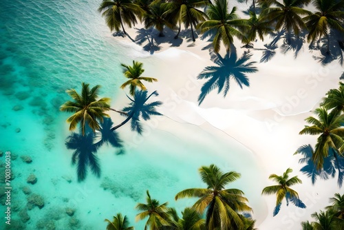 A pristine beach with crystal-clear water  white sand  and a cluster of palm trees swaying in the breeze