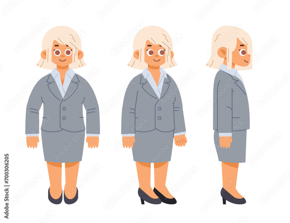 Woman in a gray business suit, front and side views. Cartoon simple vector character