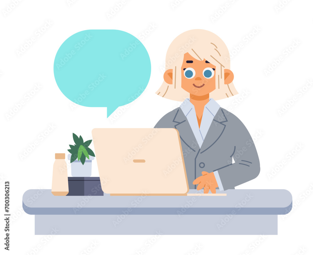 Woman in business suit works at laptop on isolated background. Cartoon vector illustration Woman in business suit works at laptop on isolated background. Cartoon vector illustration