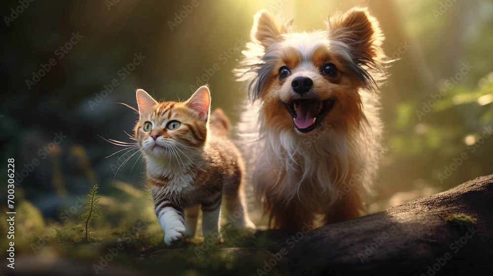 Small dog frolicking with small cat