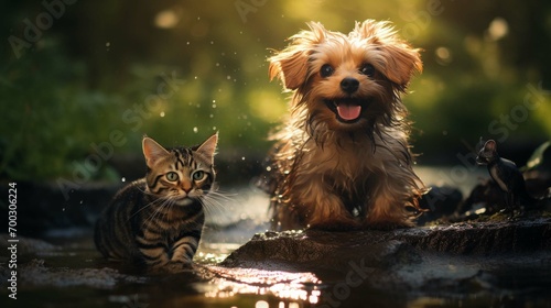 Small dog frolicking with small cat