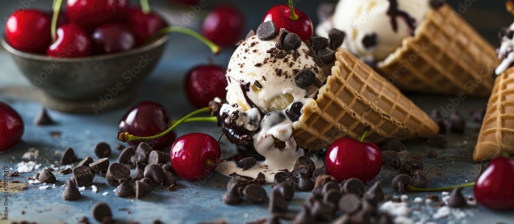 Ice cream with cherries, chocolate chips, and a waffle cone.