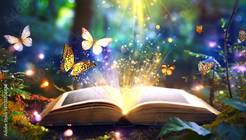 Enchanted Pages: An Open Magic Book in the Fairy Forest with Growing Lights and Butterflies