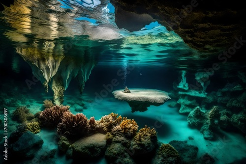 Discover an enchanting underwater cave with crystal-clear waters and mesmerizing rock formations  as seen through the lens of an HD camera.