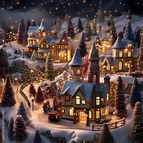 Winter village with christmas trees and houses in the snow at night