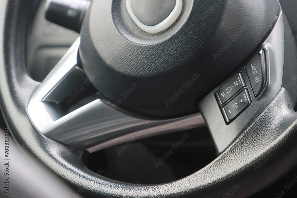 Controls for cruise control, speed when the car is moving on the steering wheel