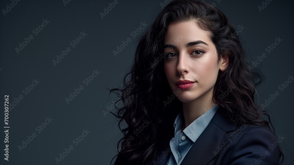 A shot of a self-assured Jewish business woman in a suit, radiating strength and confidence, with a gentle smile.