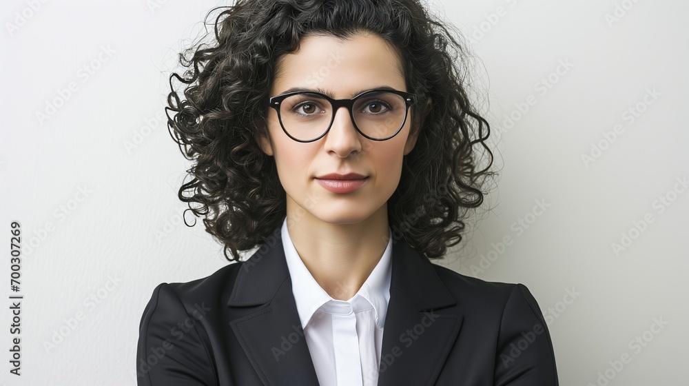A shot of a self-assured Jewish business woman in a suit, radiating strength and confidence, with a gentle smile.