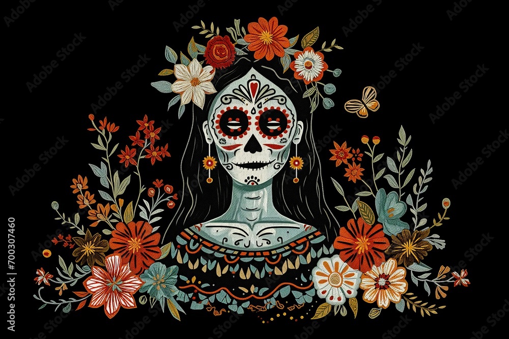 Mexican traditional embroidery pattern in the style of El Día de Muertos on a black background