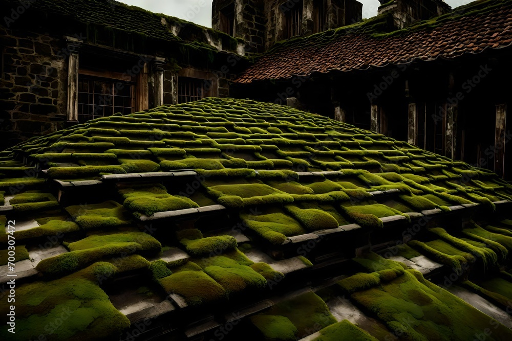 Fototapeta premium A patch of moss growing on an old rooftop, creating a natural green blanket over the weathered tiles.
