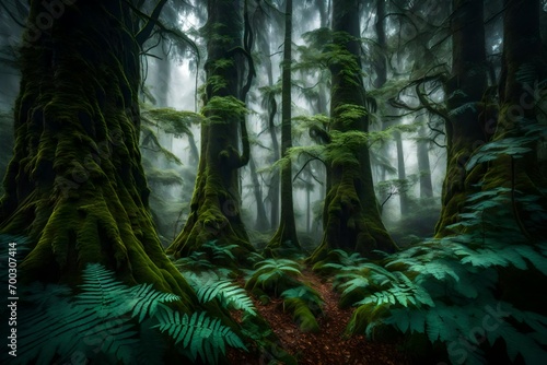 A dense  misty forest with towering ancient trees and a carpet of ferns on the forest floor