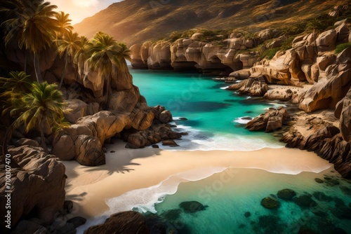 A secluded cove with golden sands and crystal-clear waters, framed by rugged cliffs. Palm trees gently sway in the breeze, casting soft shadows on the beach © COLLECTION OF AI