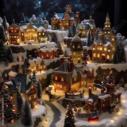 Christmas and New Year miniature village with houses, trees, snow and stars
