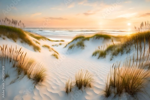 A tranquil beach with dunes covered in sea oats, leading to calm waters under a pastel-colored sky