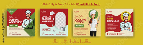 set of social media post banner for cooking class and chef hiring job service ads pack, culinary training center Instagram  flyer with chef illustration,
food Restaurant web banner bundle photo