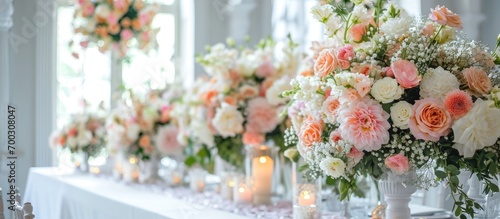 Wedding table adorned with bouquets of pink  white and peach flowers  vintage decorations  and a rose arch in a bright white room.