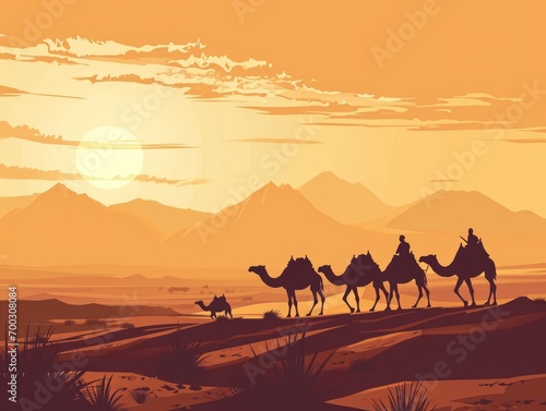 Camel caravan in the desert at sunset. illustration of a desert landscape. Generative AI