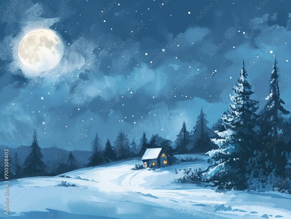 Winter landscape with house in the forest and full moon. illustration. Generative AI