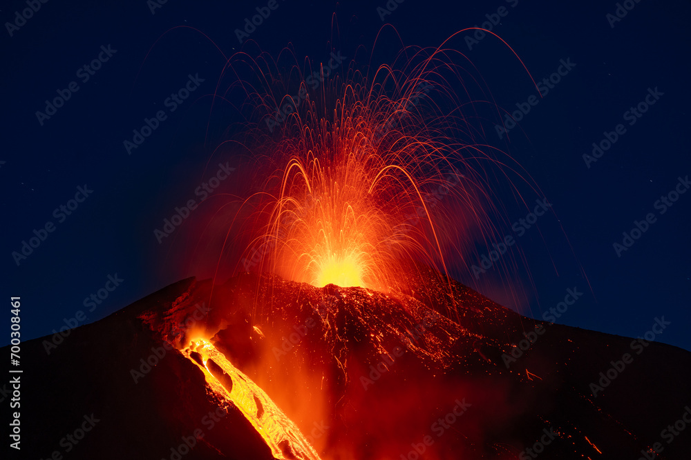 Eruptive vent with lava emis at the top of the Etna volcano