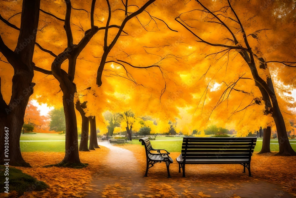 A serene park bench beneath a canopy of yellow and orange leaves