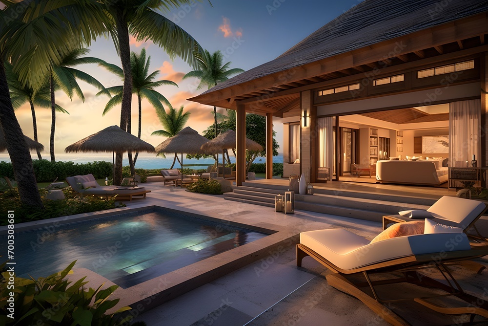 3D rendering of a modern luxury villa in the tropics