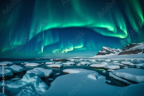 A frozen beach in the Arctic, with icebergs in the ocean and the aurora borealis lighting up the night sky © COLLECTION OF AI