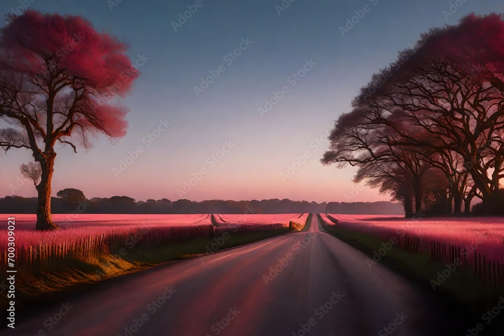 A quiet country road flanked by fields and trees, bathed in the gentle light of dusk. The sky is a canvas of soft blues and pinks, casting a peaceful glow over the landscape