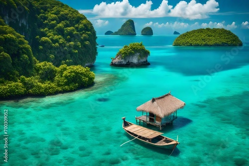An idyllic tropical island surrounded by a turquoise sea, with a small boat anchored near the shore