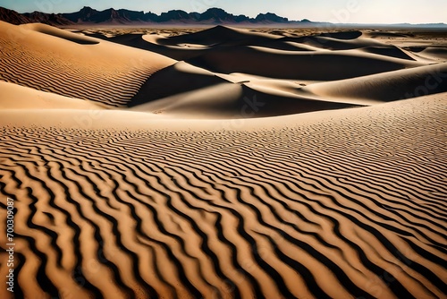 Capture the serenity of a wind-swept sand dune landscape  where the shifting sands create mesmerizing patterns in the desert.