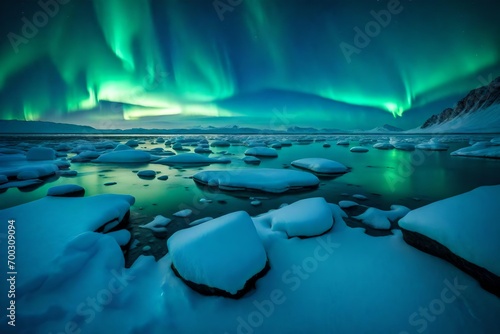 A frozen beach in the Arctic, with icebergs in the ocean and the aurora borealis lighting up the night sky