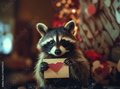 a cute racoon holding a valentines day envelope with a heart on it 