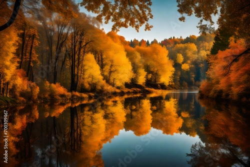 A wide river flanked by trees in full autumn splendor, their reflections mirrored in the calm water