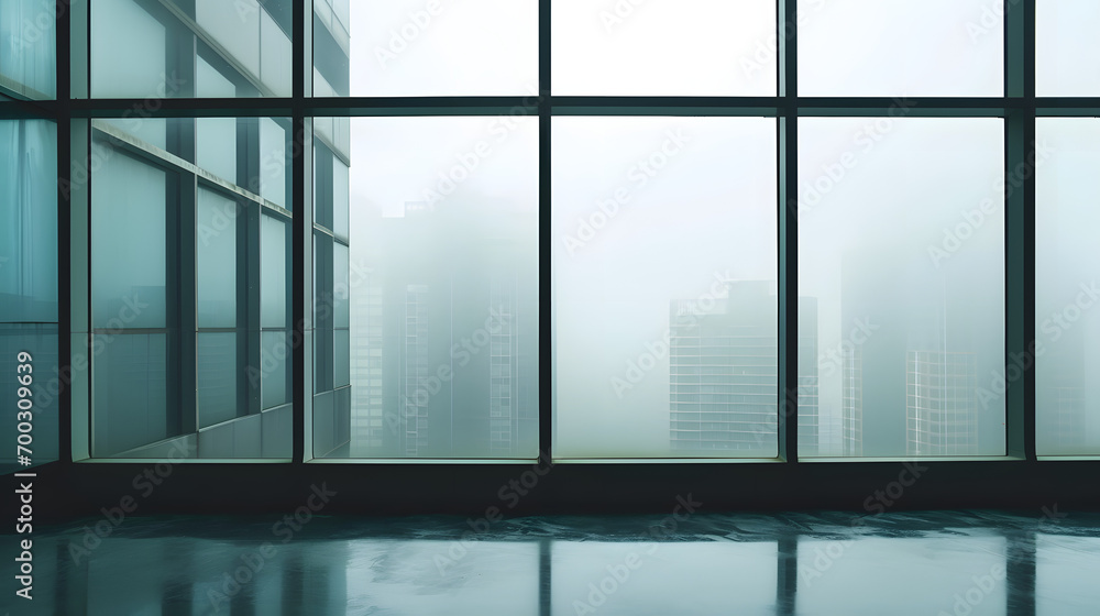 Fototapeta premium Large windows of a corporate office building, with downtown seen through the mist. Foggy day in the city. Big clean windows with a view. Copy space.