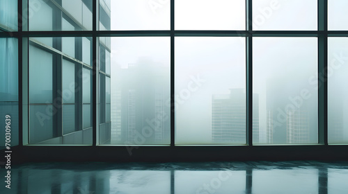 Large windows of a corporate office building  with downtown seen through the mist. Foggy day in the city. Big clean windows with a view. Copy space.