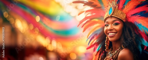 woman in colorful costume and feathers at Rio Carnival, bright colors, smiling, in the street,, blurred background, horizontal banner, large copy space for text, brazilicarnival and Mardi Gras concept photo