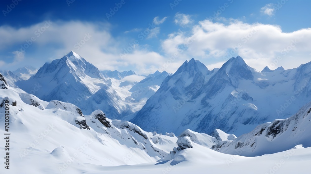 Panoramic view of snow covered mountains in the Alps, Switzerland