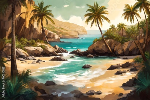 A secluded cove with golden sands and crystal-clear waters, framed by rugged cliffs. Palm trees gently sway in the breeze, casting soft shadows on the beach