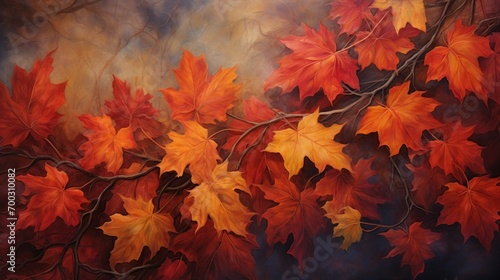  a painting of a tree branch with red and yellow leaves on it and a blue sky in the back ground.