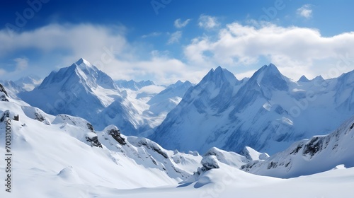 Panoramic view of snow covered mountains in the Alps, Switzerland