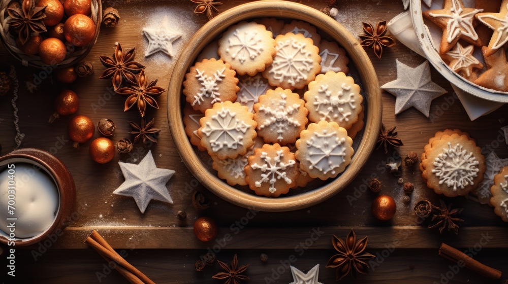  a bowl full of cookies next to a bowl of cinnamon stars and a glass of milk on a wooden table.