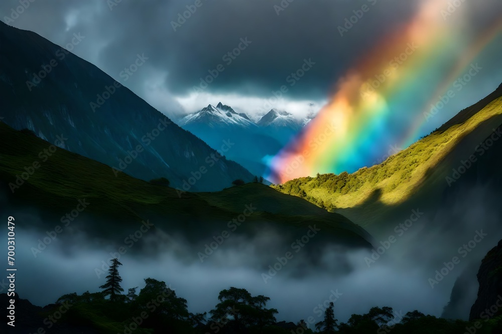 Zoom in on a mountain peak shrouded in mist and rain, while a vibrant rainbow emerges from the cloud cover, creating a magical and ethereal atmosphere.