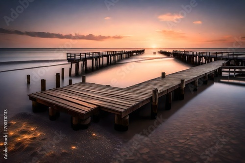 A peaceful beach at twilight  with a wooden pier extending into the water and soft lights illuminating the scene