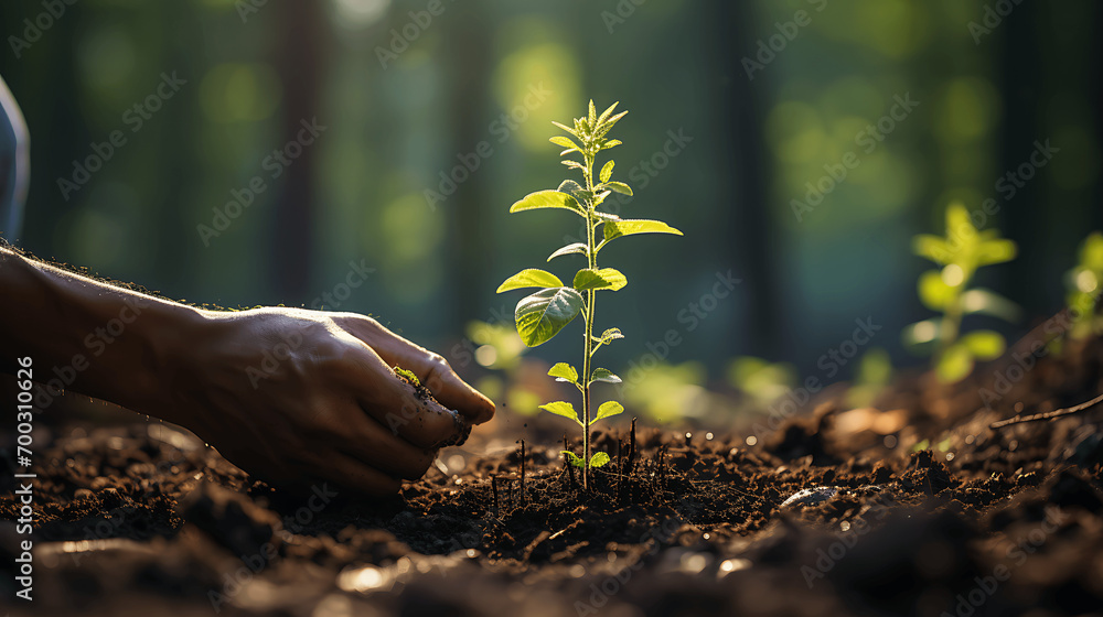 Fototapeta premium hands planting a small tree