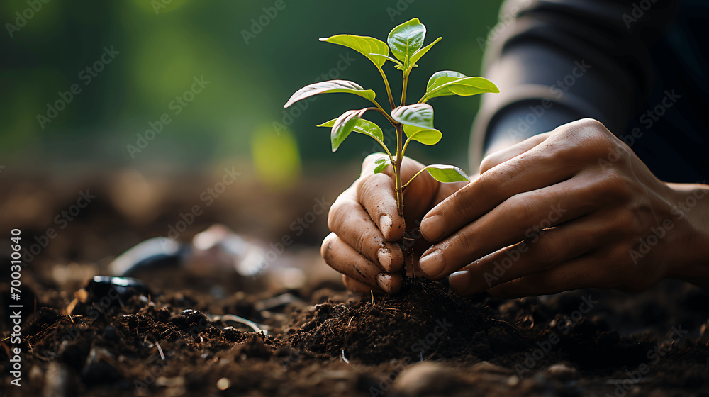 Fototapeta premium hands planting a small tree
