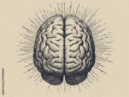 Human brain with sunburst. Hand drawn engraved style illustration for t-shirt, tattoo, emblem and other design. Generative AI photo
