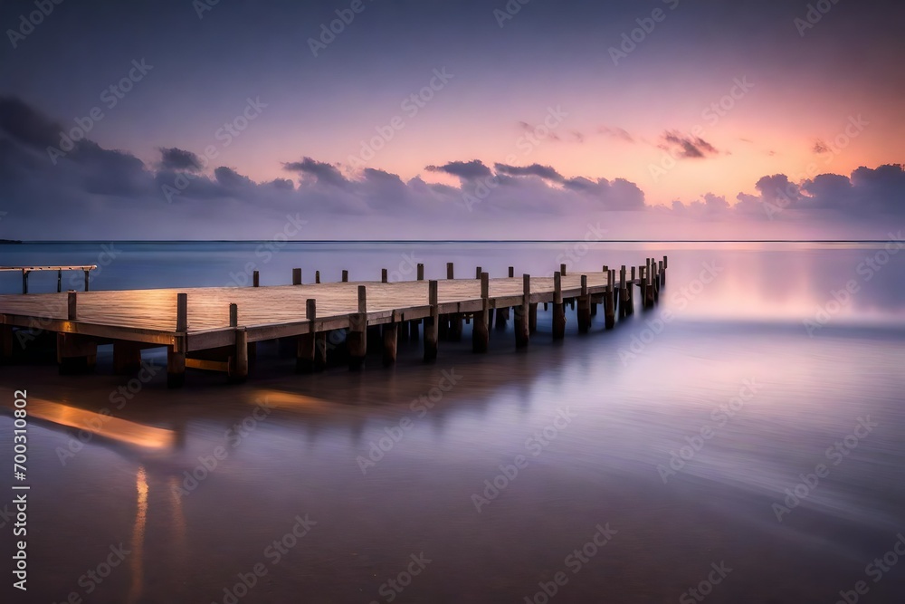 A peaceful beach at twilight, with a wooden pier extending into the water and soft lights illuminating the scene
