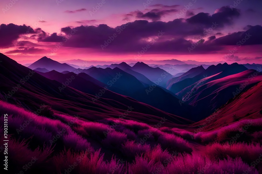 A mountain range at dusk, with the peaks casting long shadows over the valleys. The sky above is a spectacle of colors, ranging from deep violet to a soft, glowing pink