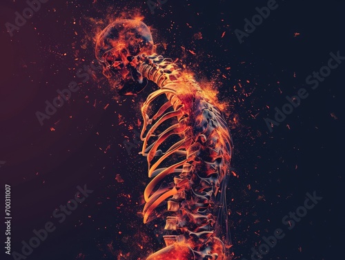 3d render of human skeleton with bones in fire on dark background Generative AI
